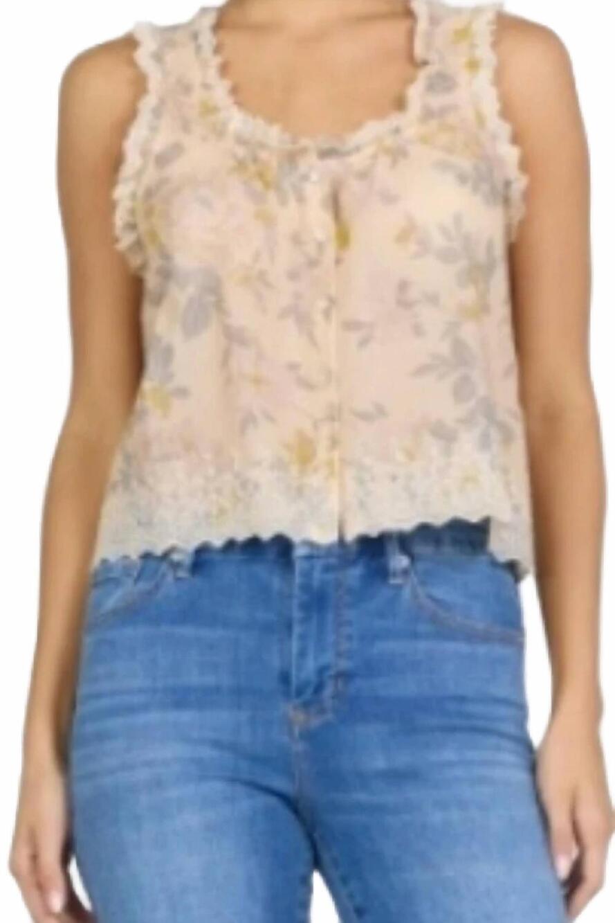 NEW DEAR JOHN DENIM ada sleeveless top with embroidered neckline in tuscan bouqu